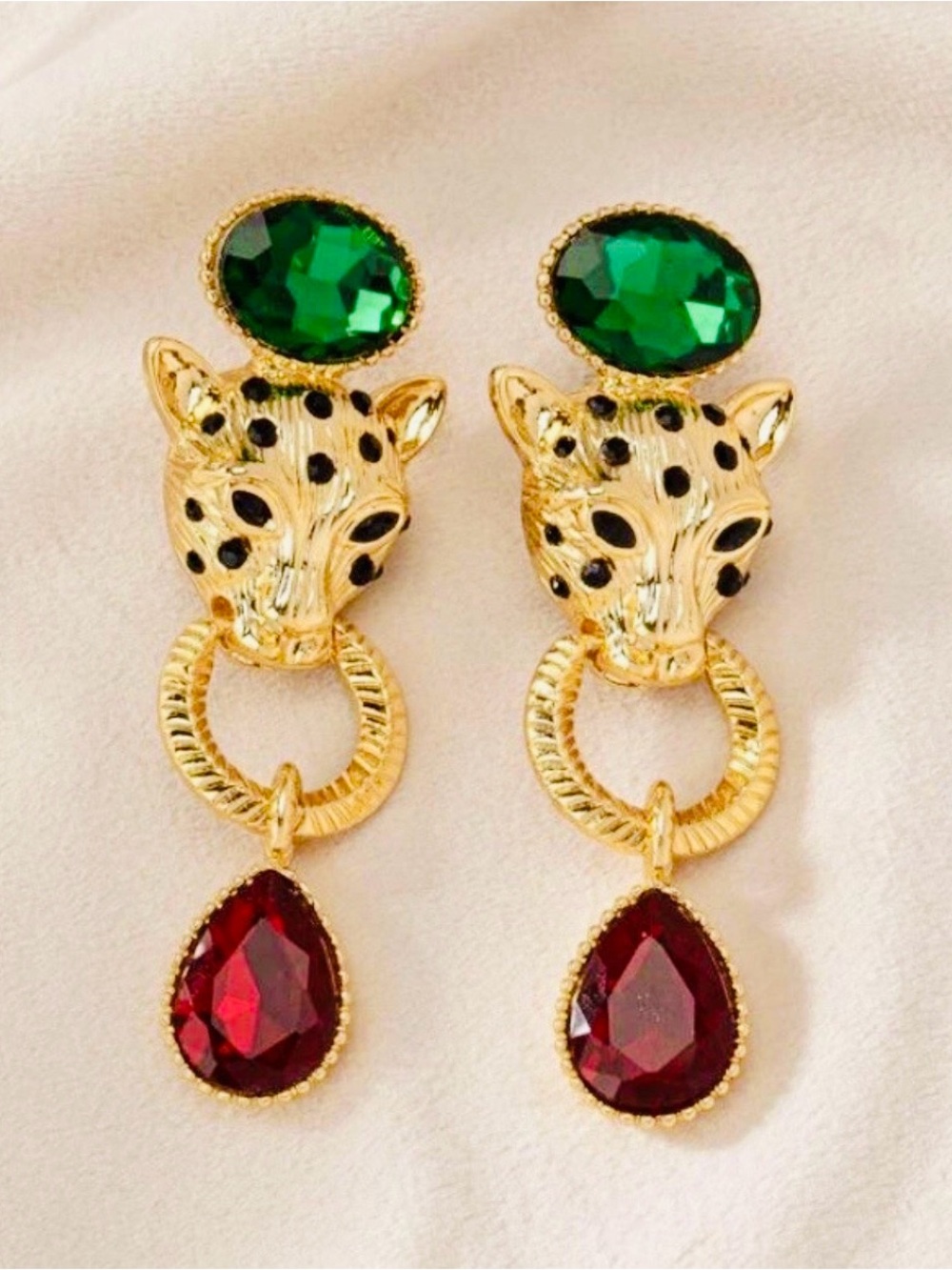 Baroque Gold Leopard Drop Statement Earrings with Green and Red Gemstones NWT - Picture 4 of 4